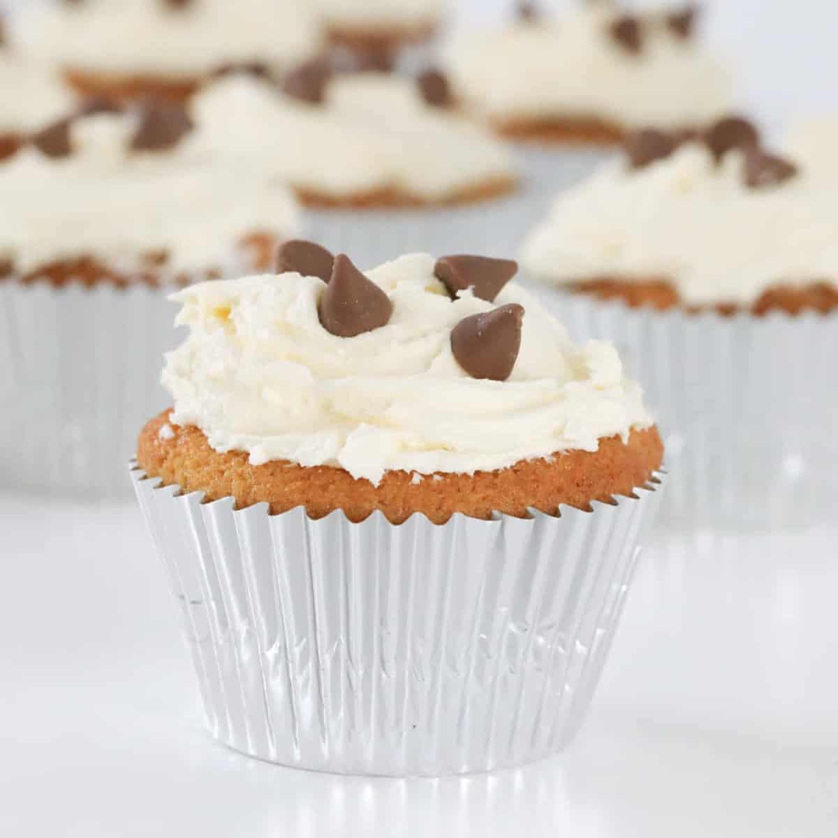 A chocolate chip cupcake with buttercream frosting.
