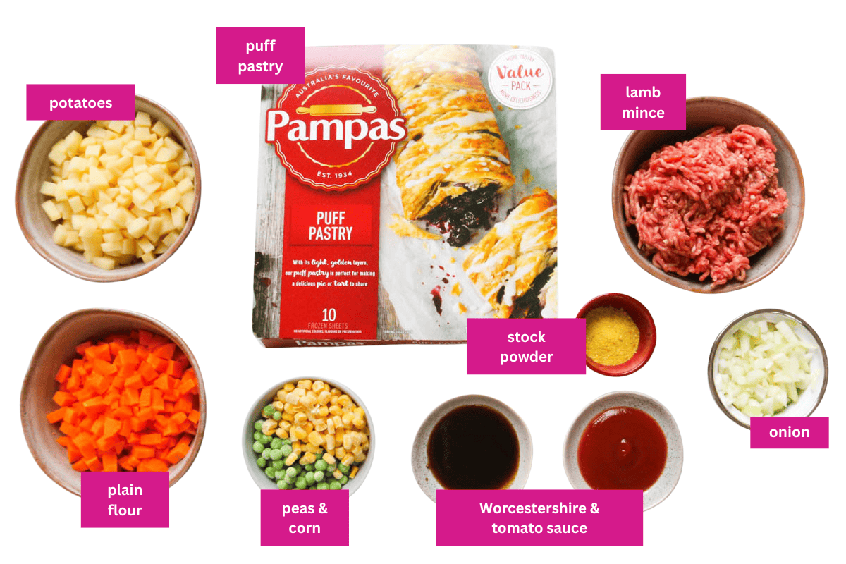 The ingredients for lamb and vegetable pasties.