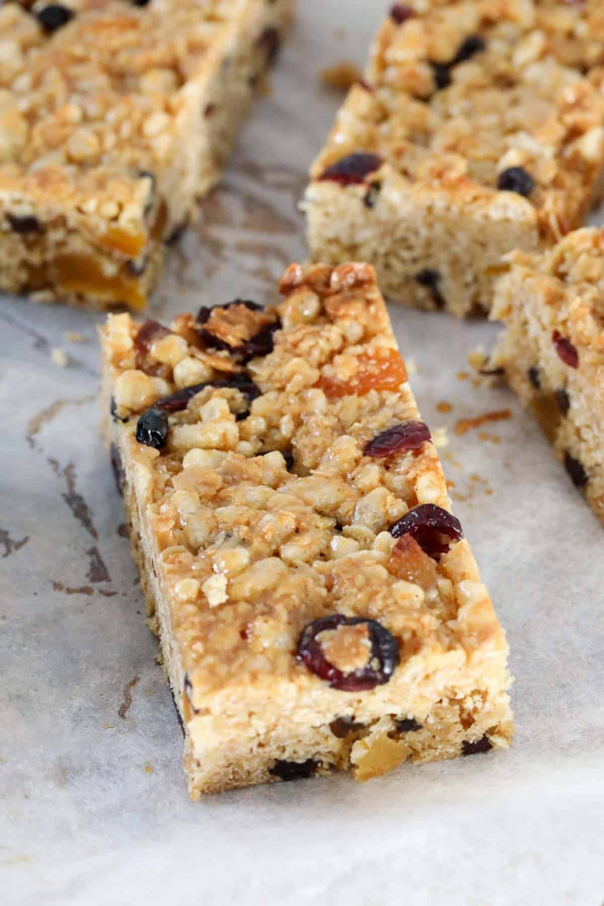 Close up of muesli bars made with sultanas and dried apricot