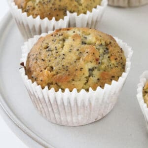An orange and poppy seed muffin in a white paper case.