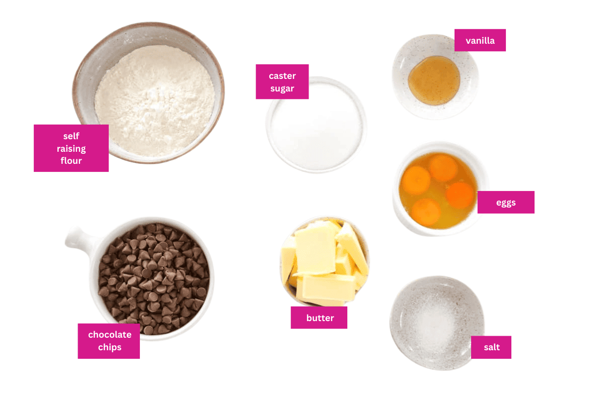 The ingredients for vanilla cupcakes with chocolate chips.