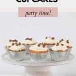 A batch of cupcakes in silver cases, with vanilla frosting and chocolate chips on top, served on a cake stand.