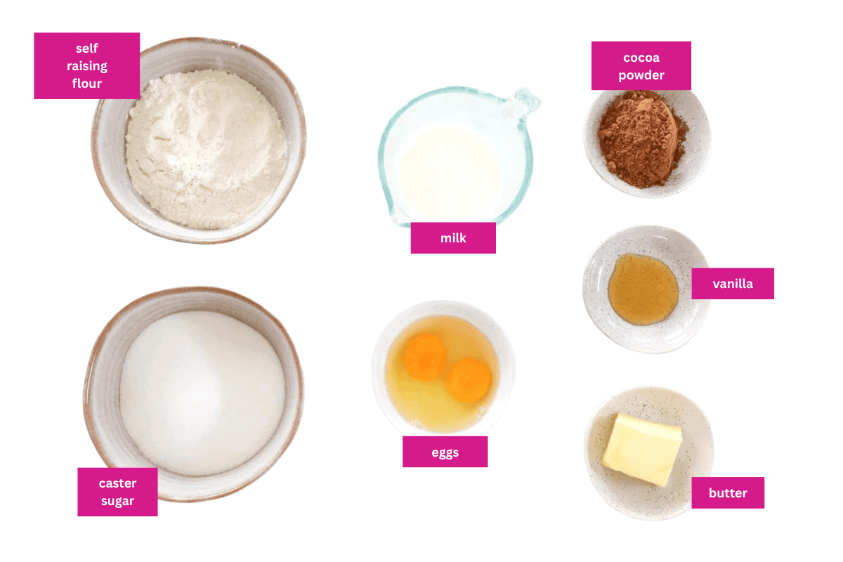 The ingredients for a basic chocolate cake in small bowls.