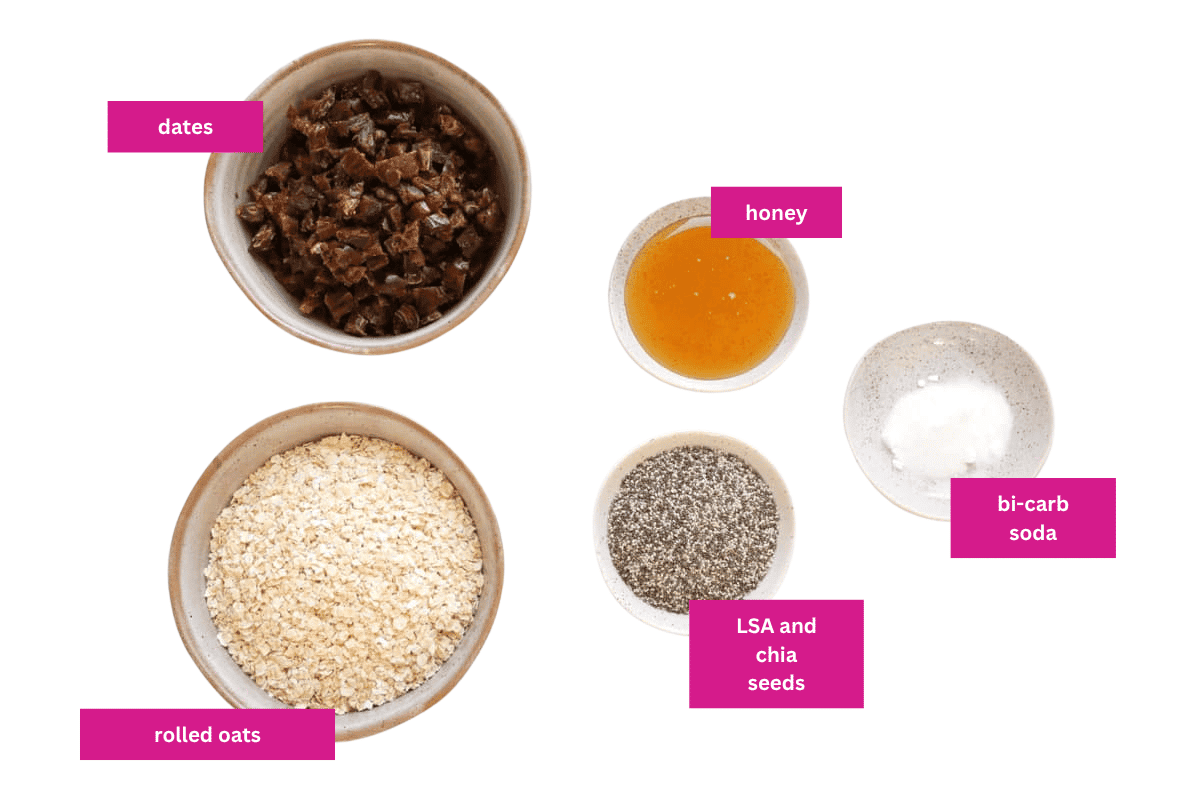 The ingredients for an oat and date slice.