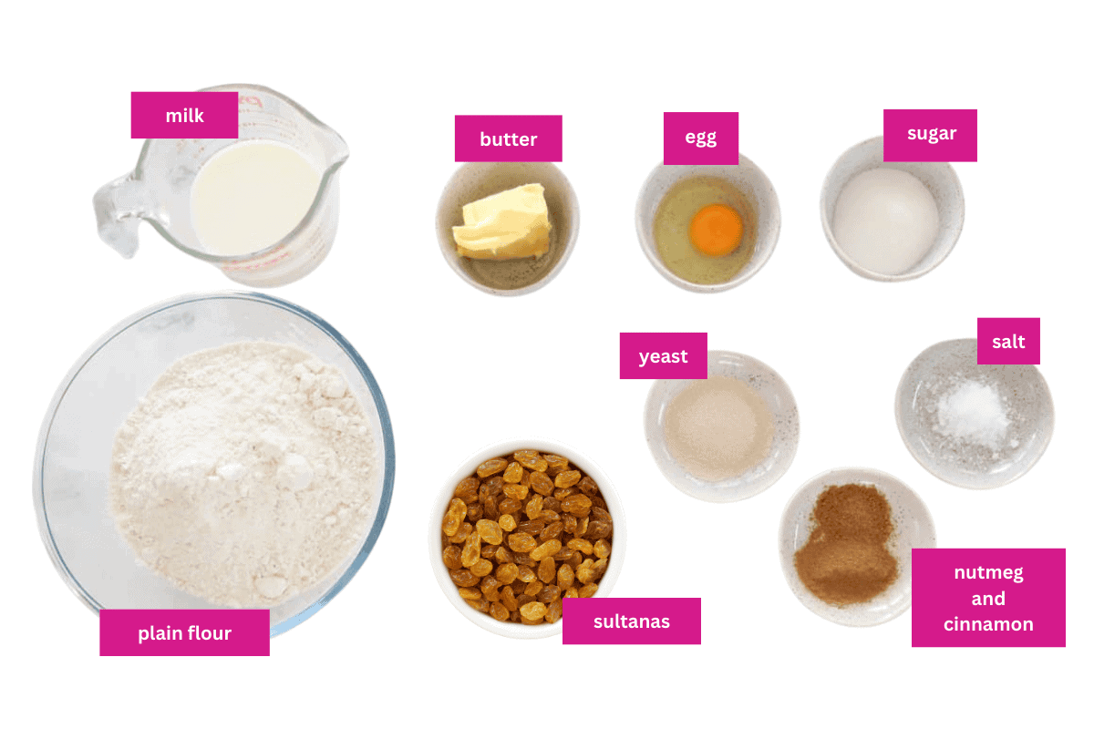 The ingredients for homemade hot cross buns.