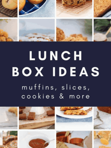 A collage of biscuits, slices, muffins, bars made for lunch boxes.