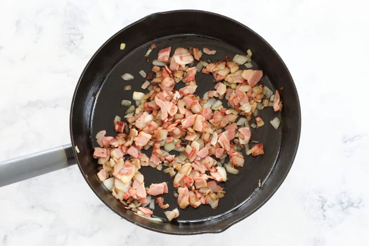 Bacon and onion in a frying pan