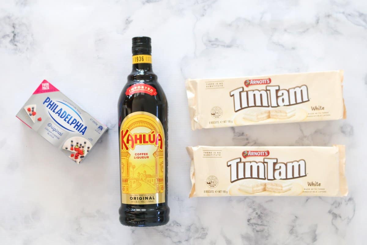 Ingredients for Kahlua Cheesecake Balls on a bench