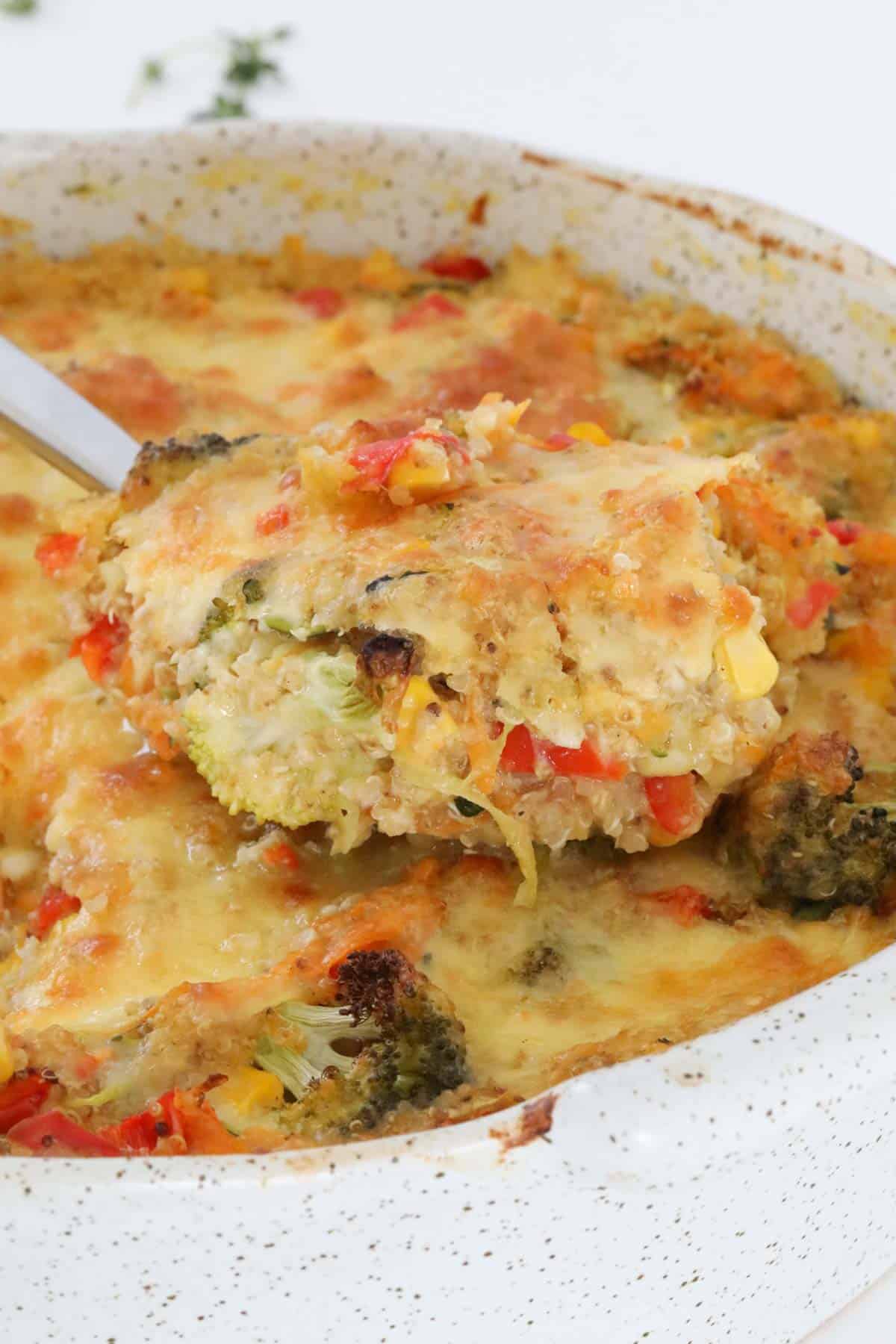 A close up of cooked quinoa bake in a dish.