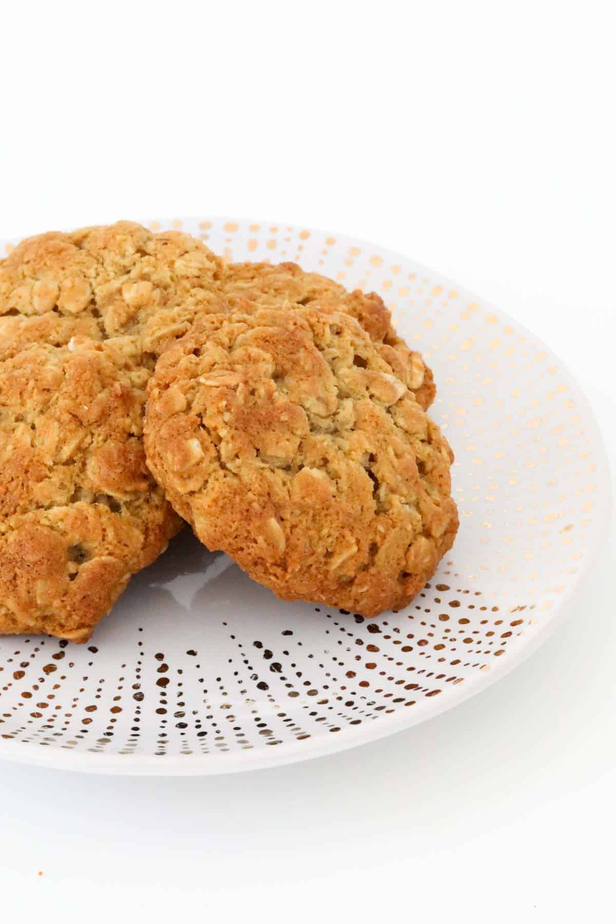 A plate of ANZAC biscuits made in a Thermomix.