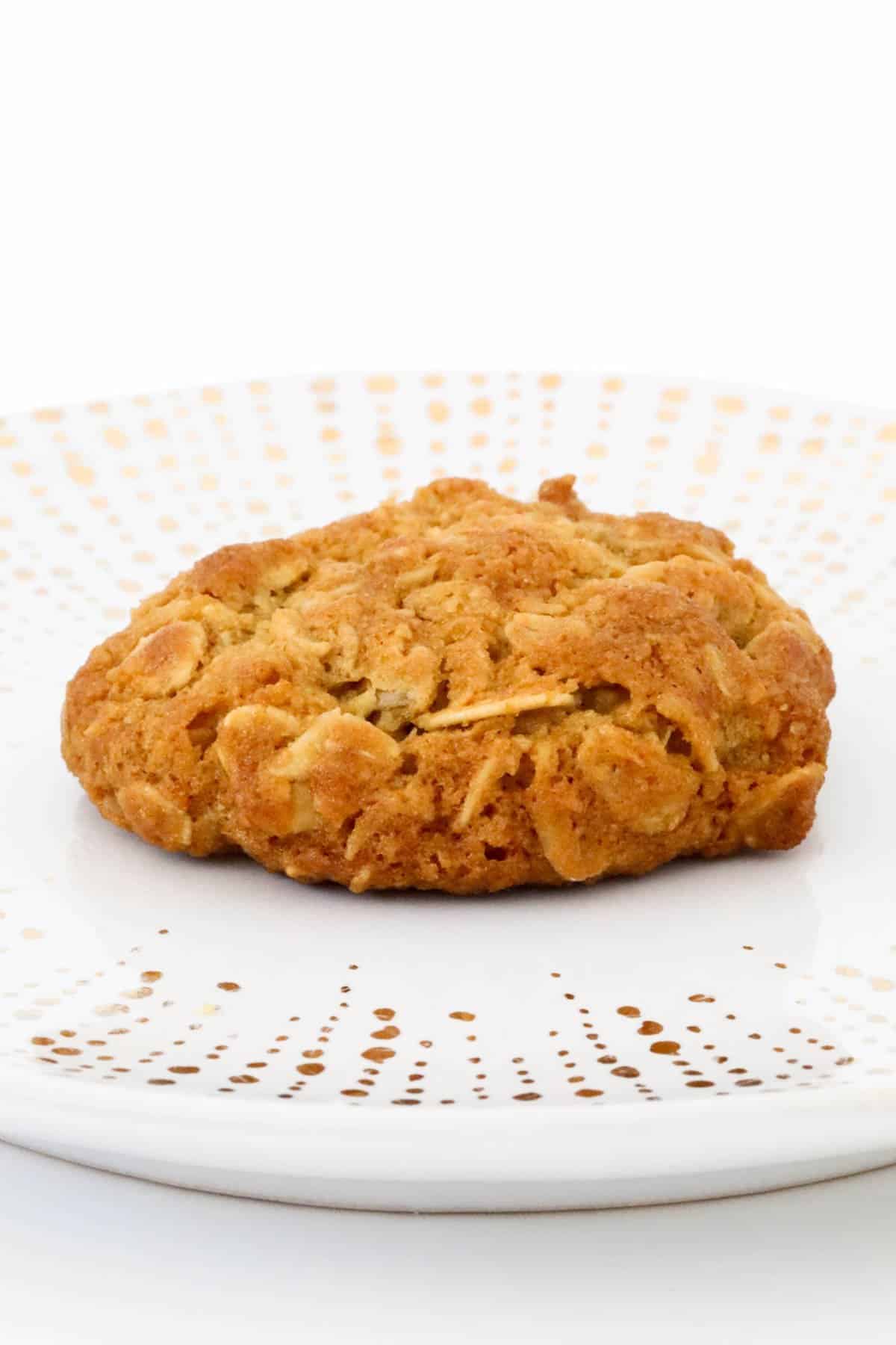 A golden oat biscuit on a white plate.