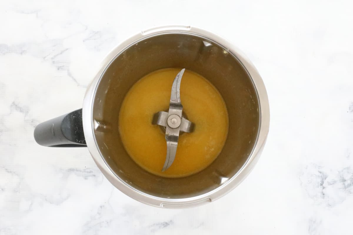 An overhead shot of melted butter in a Thermomix.