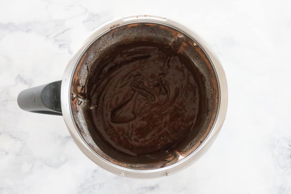 Brownie mixture in a Thermomix bowl.
