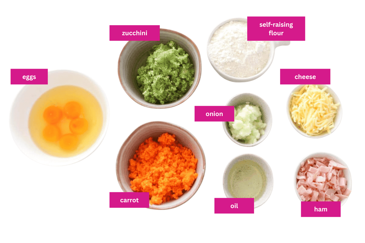 The ingredients for a zucchini and carrot veggie slice.