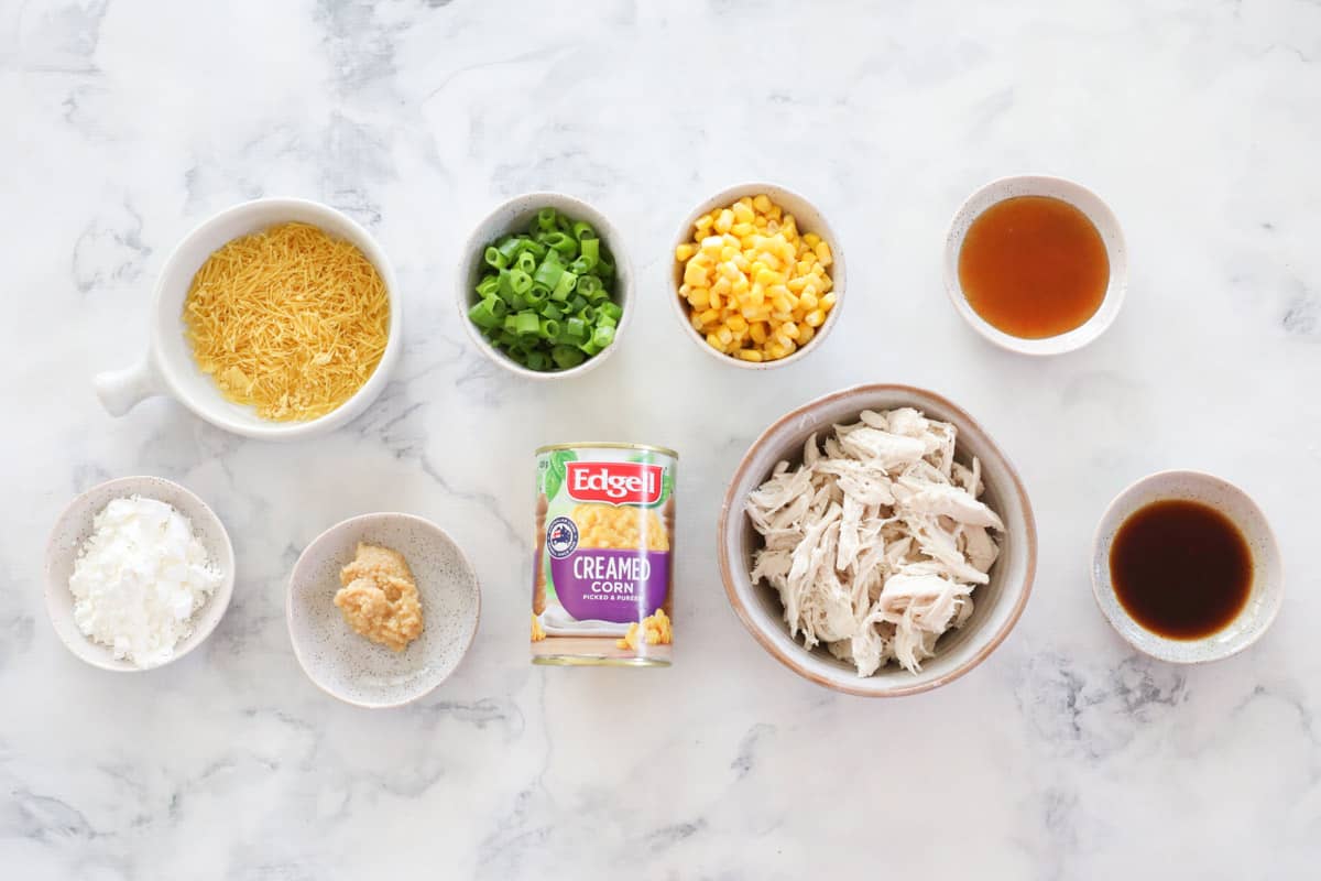 The ingredients for chicken, corn & noodle soup