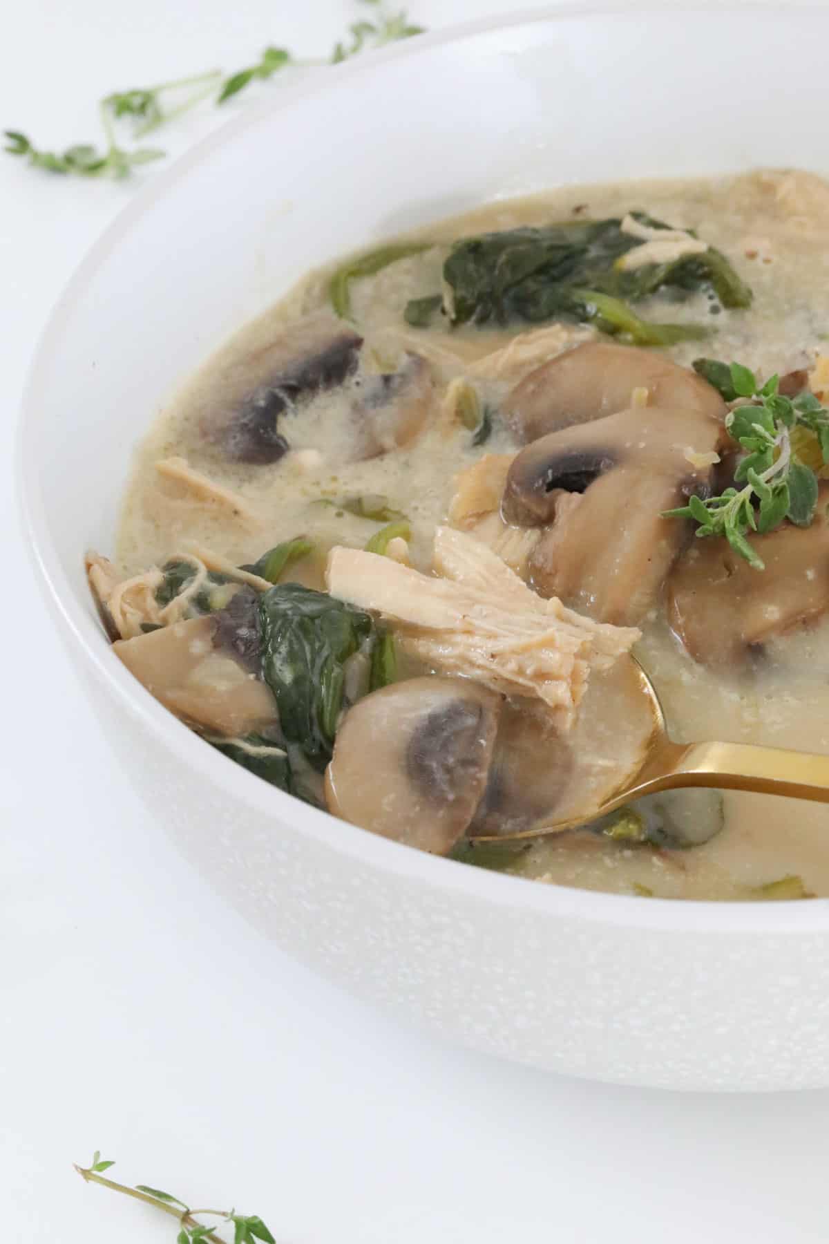 A bowl of soup topped with chicken and mushrooms on a table