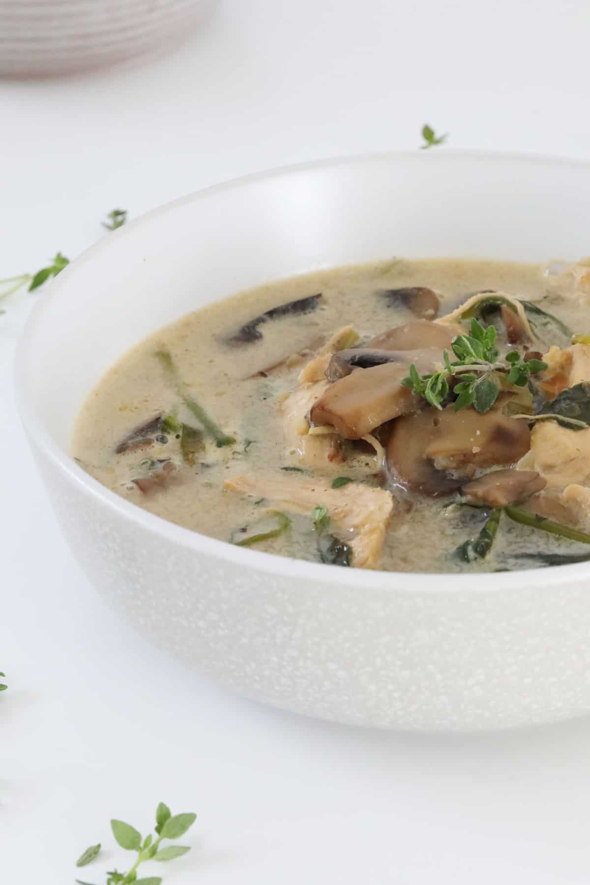 A bowl of chicken and mushroom soup on a table with fresh herbs