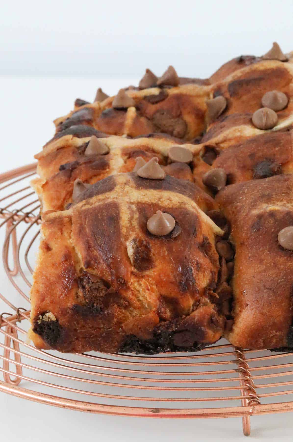 Hot cross buns with chocolate chips.