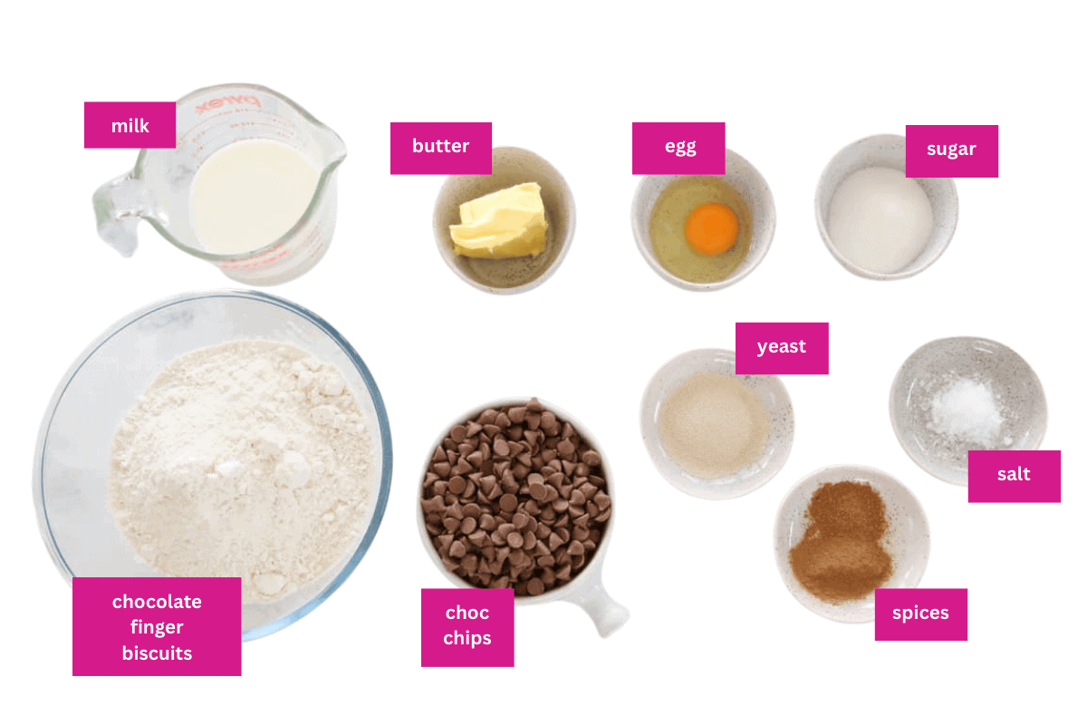 The ingredients for homemade hot cross buns with chocolate chips.