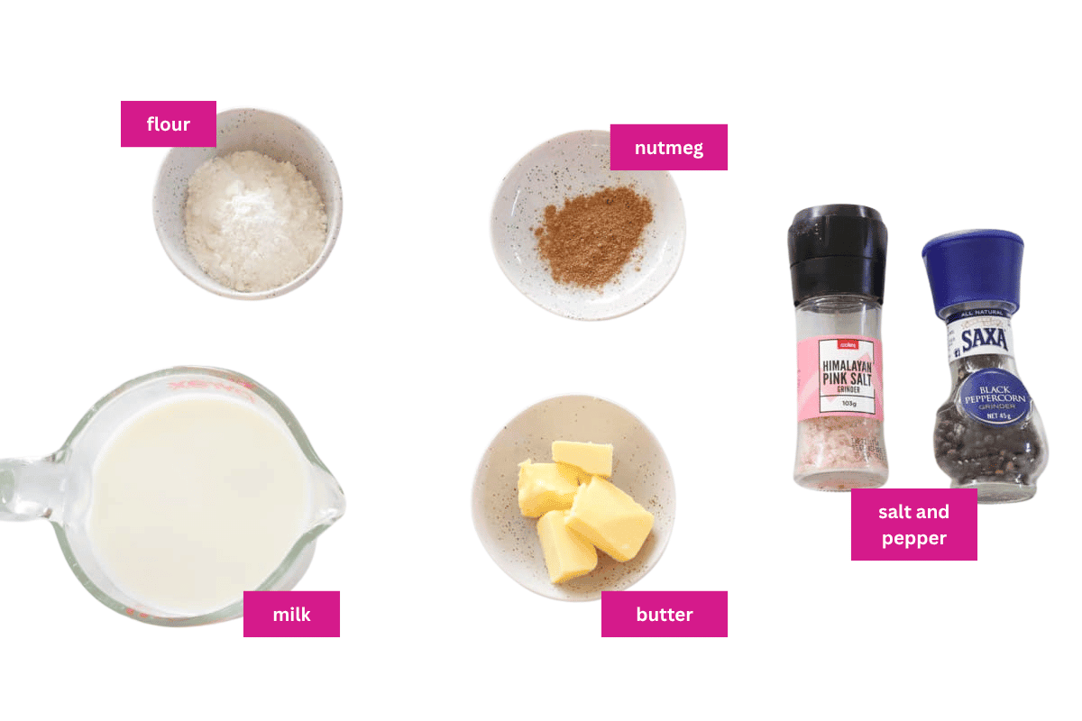 The ingredients for a creamy bechamel sauce made in a Thermomix.