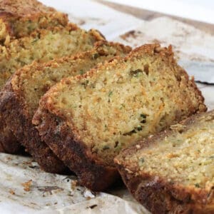 Slices of a sweet baked bread with carrot, zucchini and apple grated through.