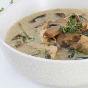 A bowl of mushroom soup with chicken and herbs.