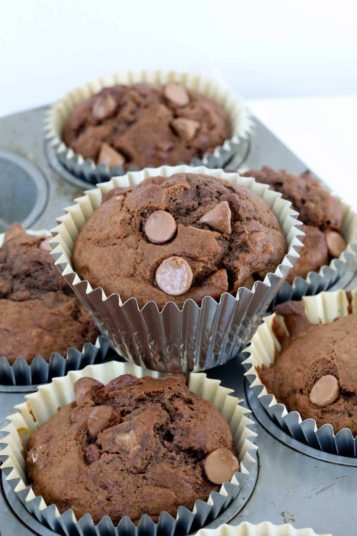 A stack of fudgy chocolate muffins in silver cases.