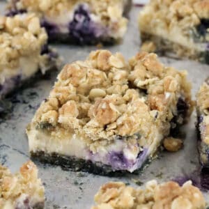 Blueberry crumble slice with lemon filling.