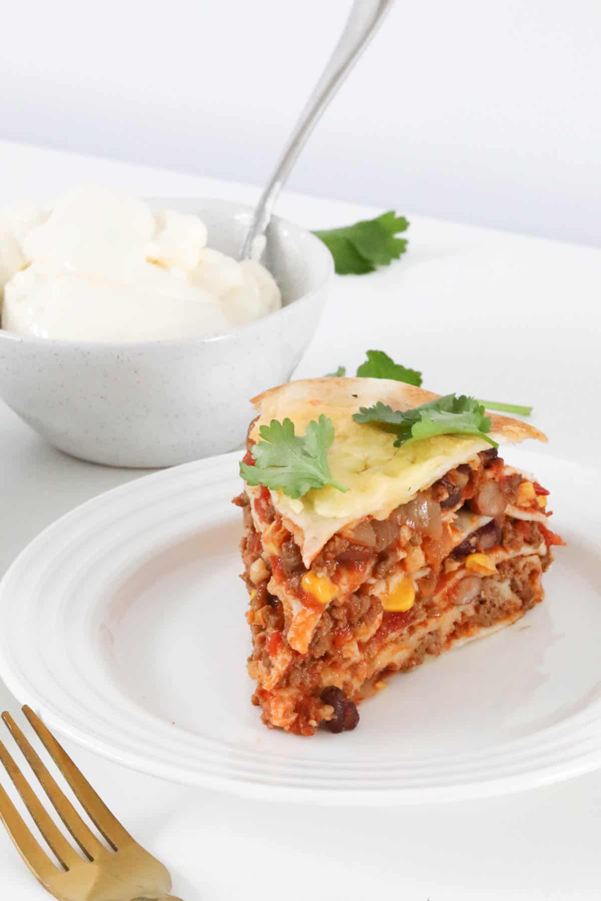 A serve of Mexican lasagne on a white plate topped with coriander.