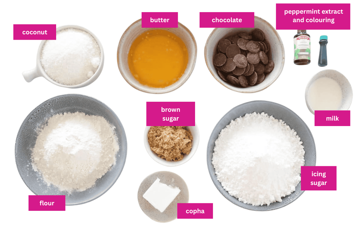 The ingredients for a peppermint slice in bowls.