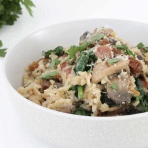 A bowl of risotto with mushrooms, chicken, bacon and sundried tomatoes.