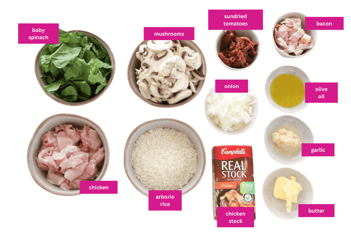 The ingredients for chicken, bacon and mushroom risotto in small bowls.
