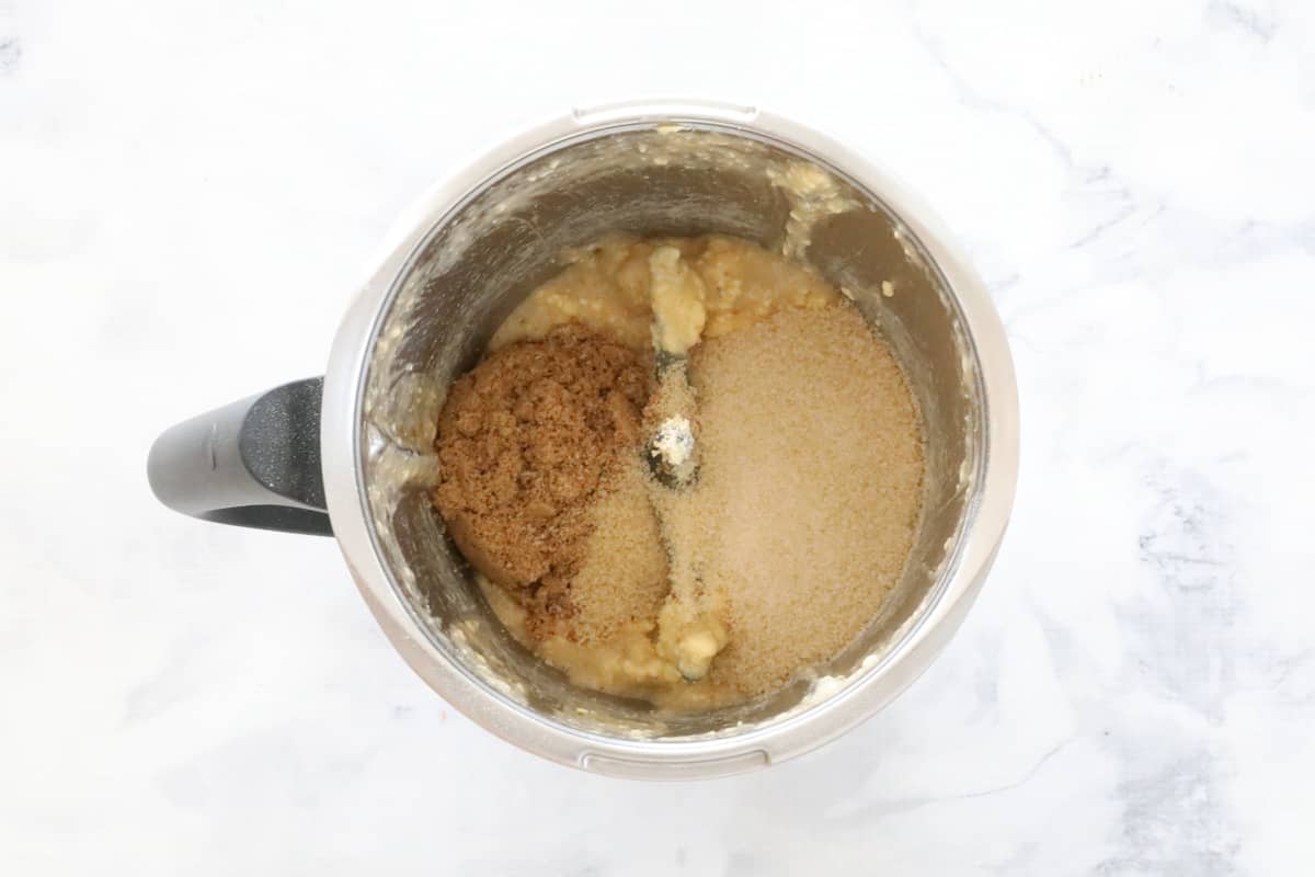 Brown sugar added to batter in a Thermomix bowl