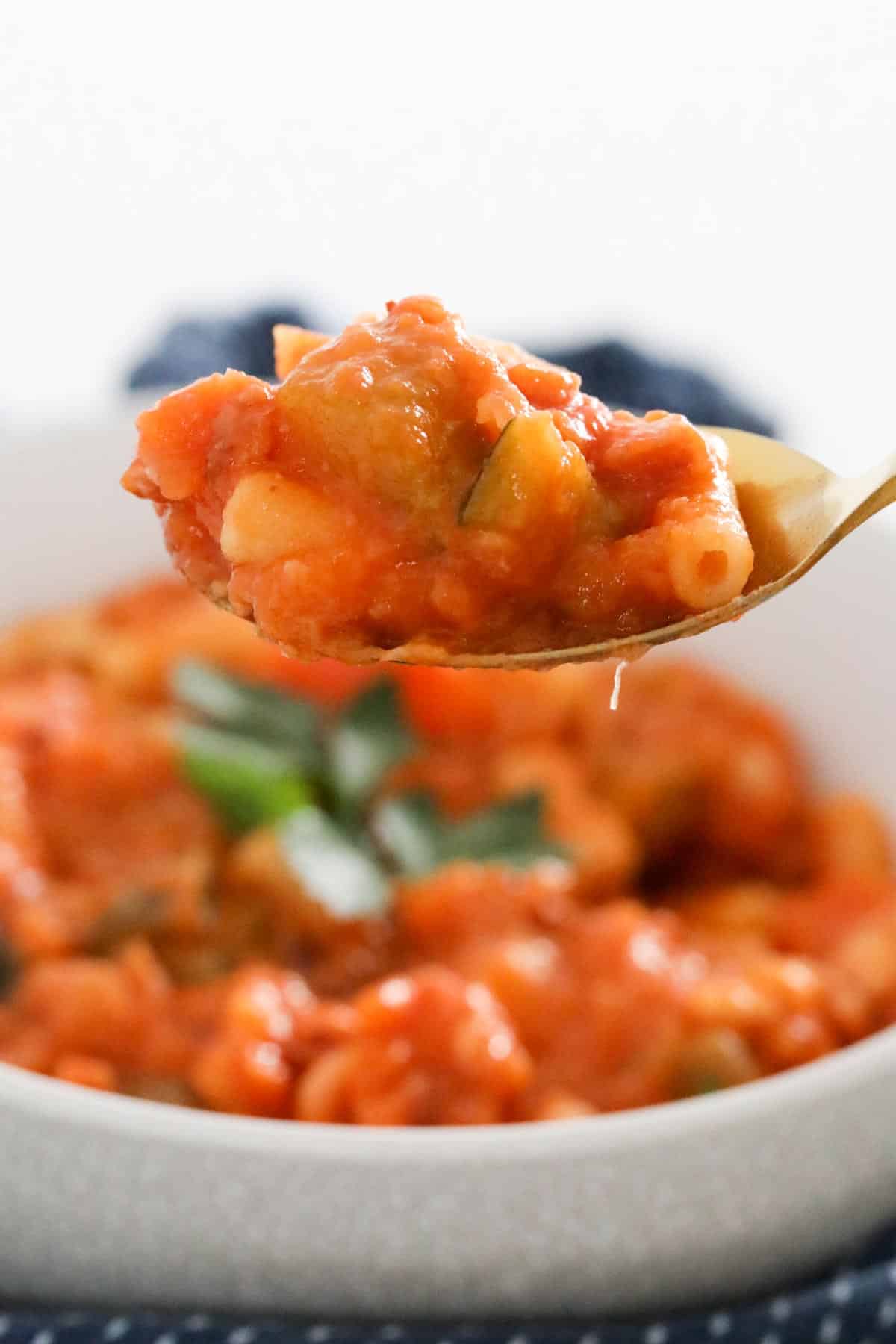 A close up of a spoonful of tomato and vegetable soup.