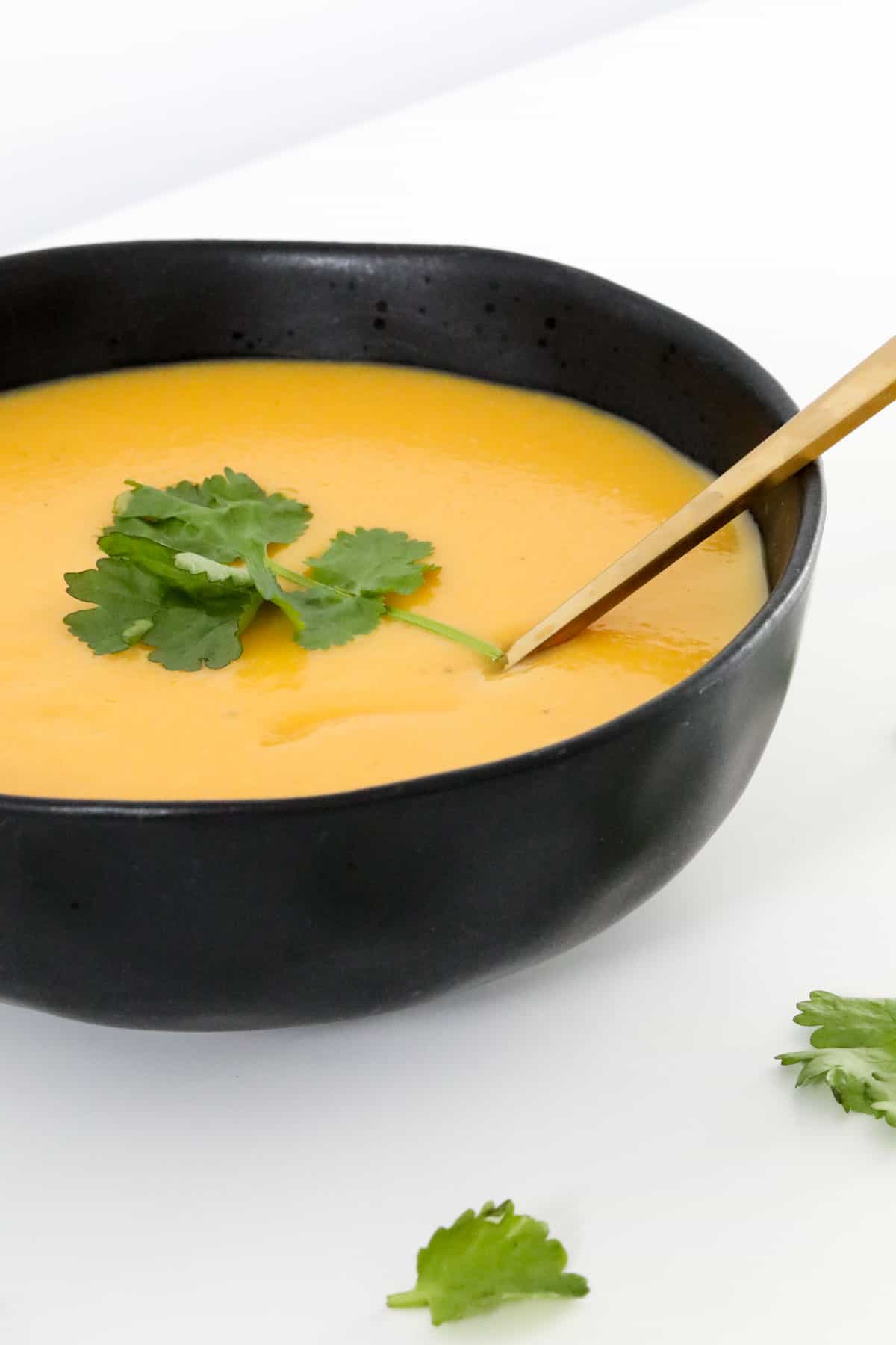 A golden spoon resting in thick Thermomix pumpkin soup in a black rustic bowl