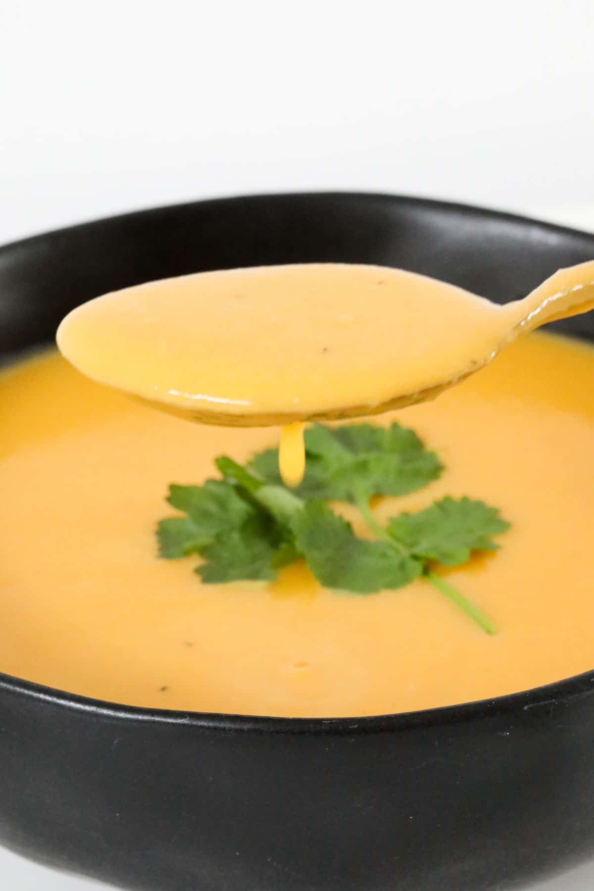 A golden spoon with a thick dark yellow soup lifted out of the black bowl beneath