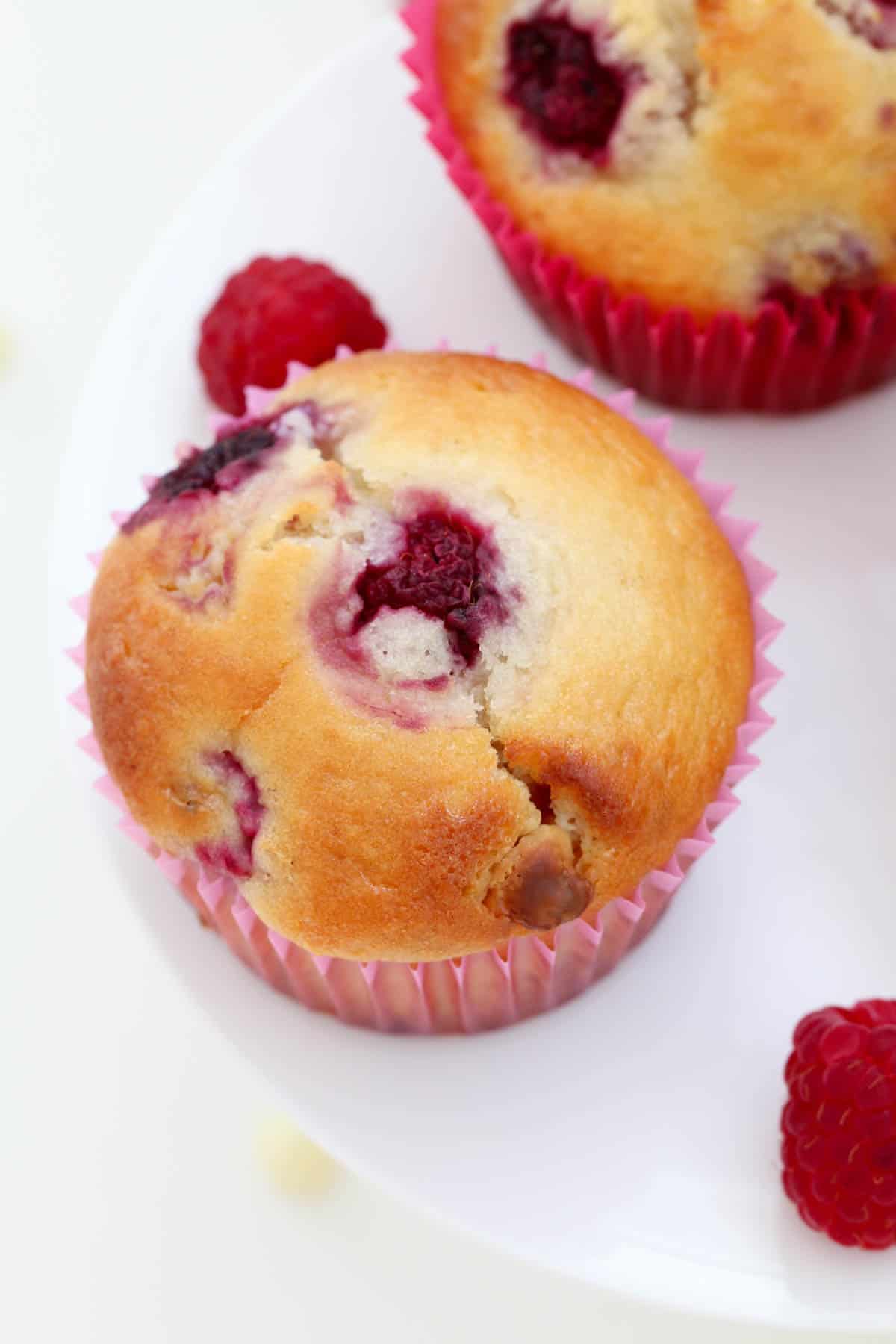 An overhead shot of a raspberry muffin.