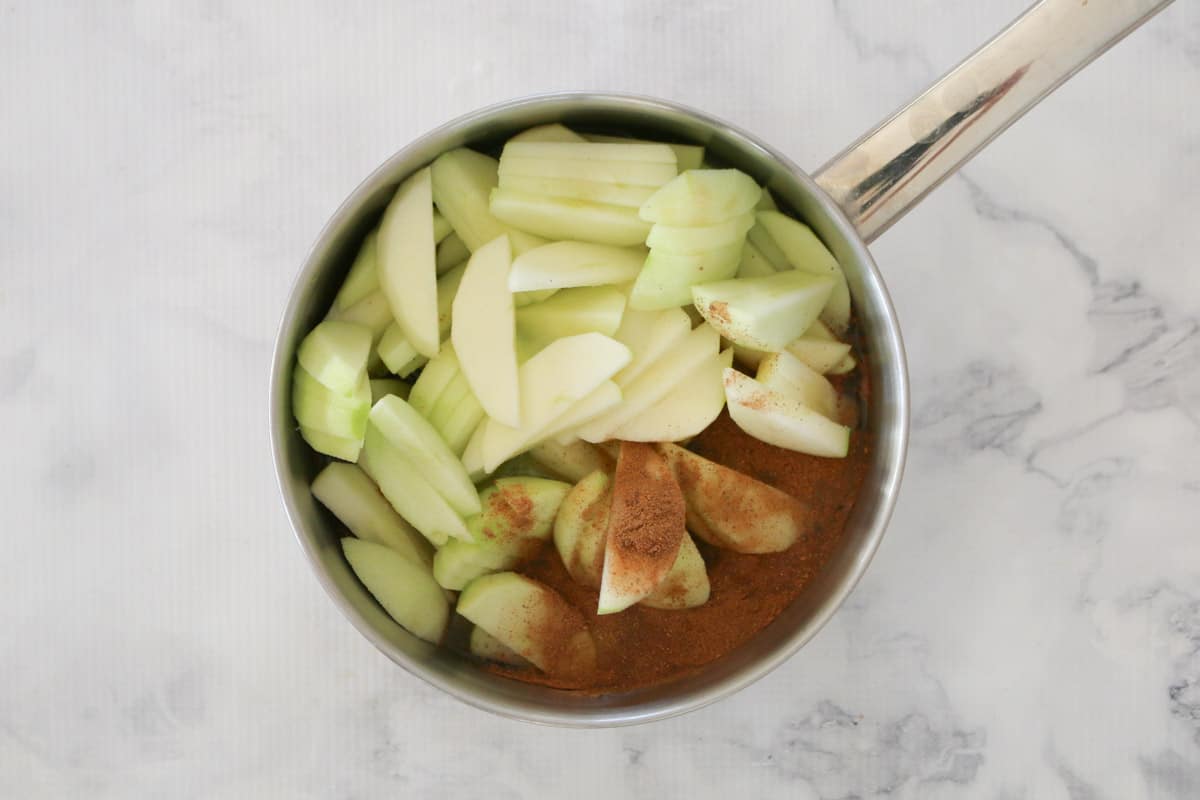 Apples, cinnamon and water in a saucepan.