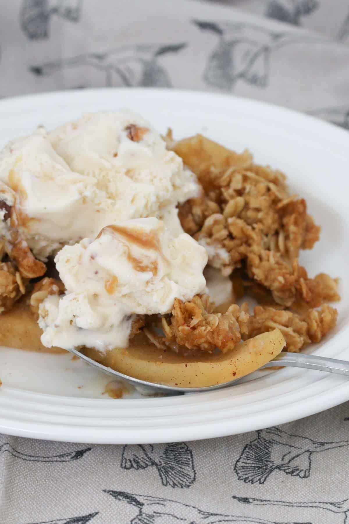 A spoonful of apple crisp with ice-cream.