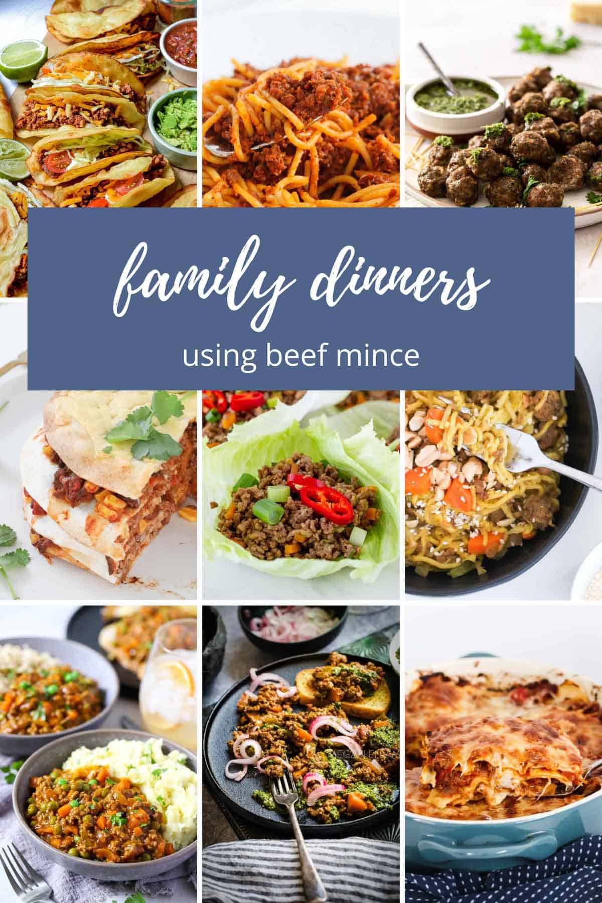 A collage of dinner recipes made using beef mince.