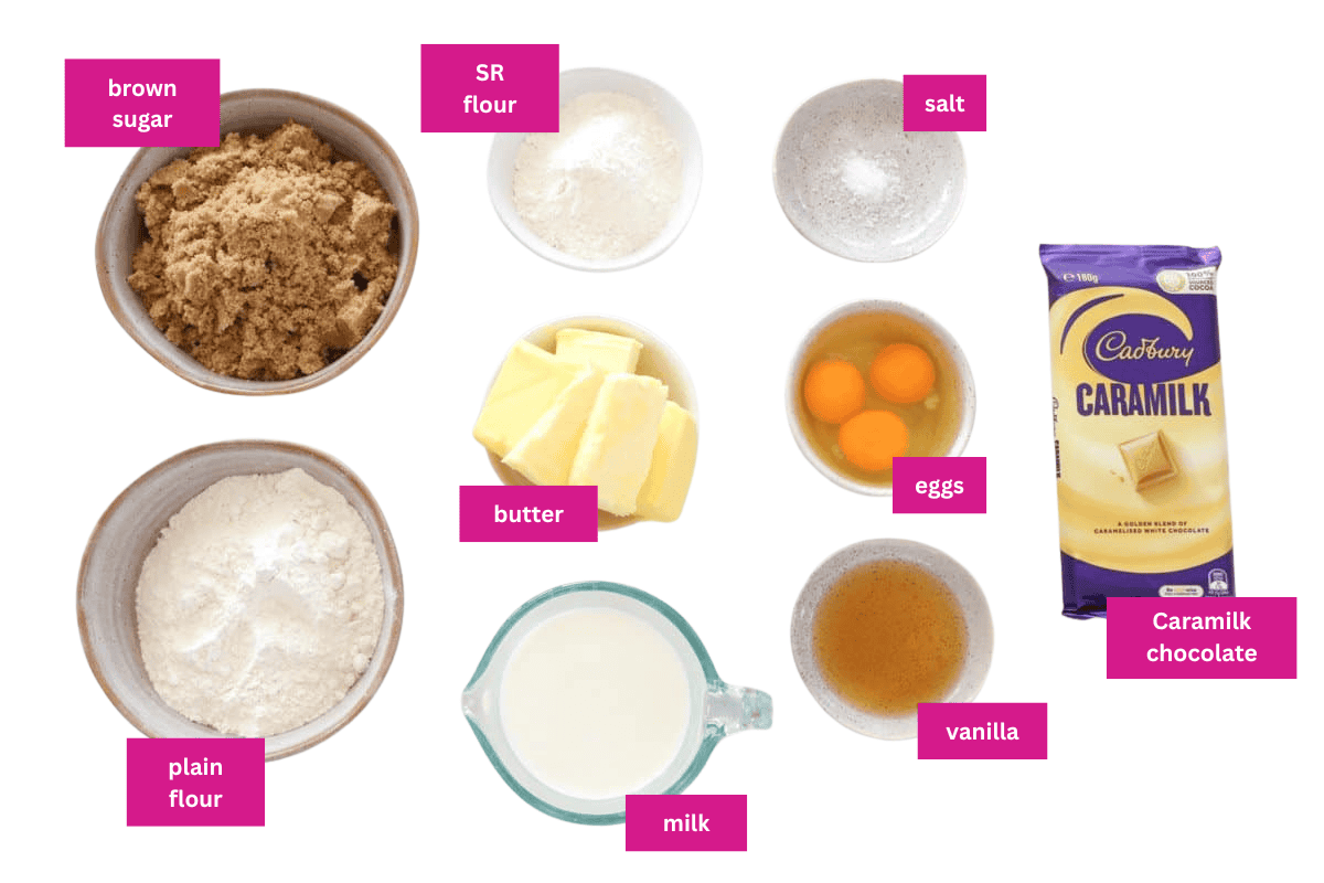 The ingredients for a mud cake made with caramilk chocolate.