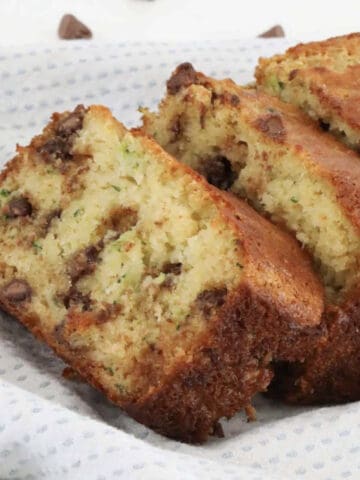 Slices of Zucchini bread with chocolate chips.
