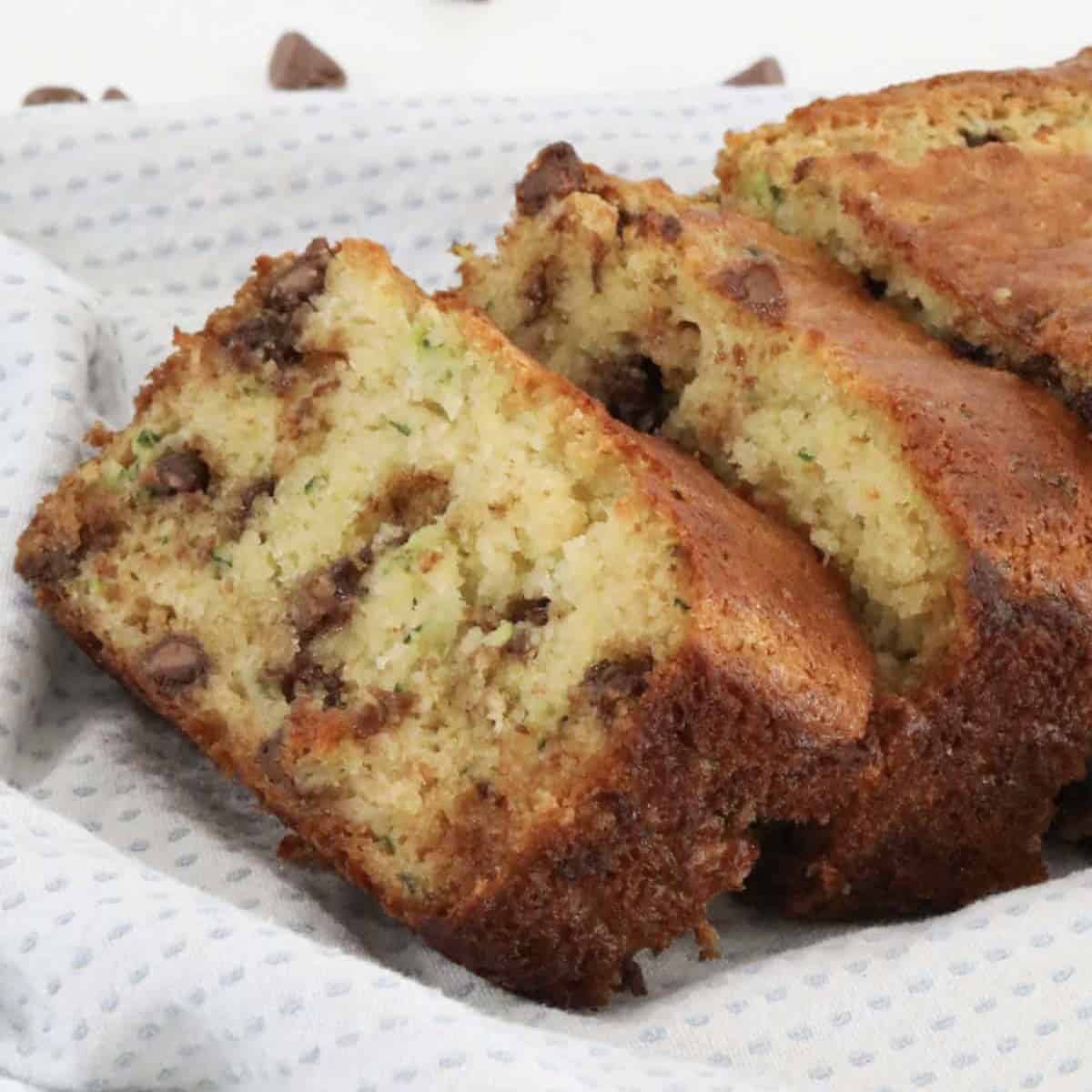 Slices of Zucchini bread with chocolate chips.