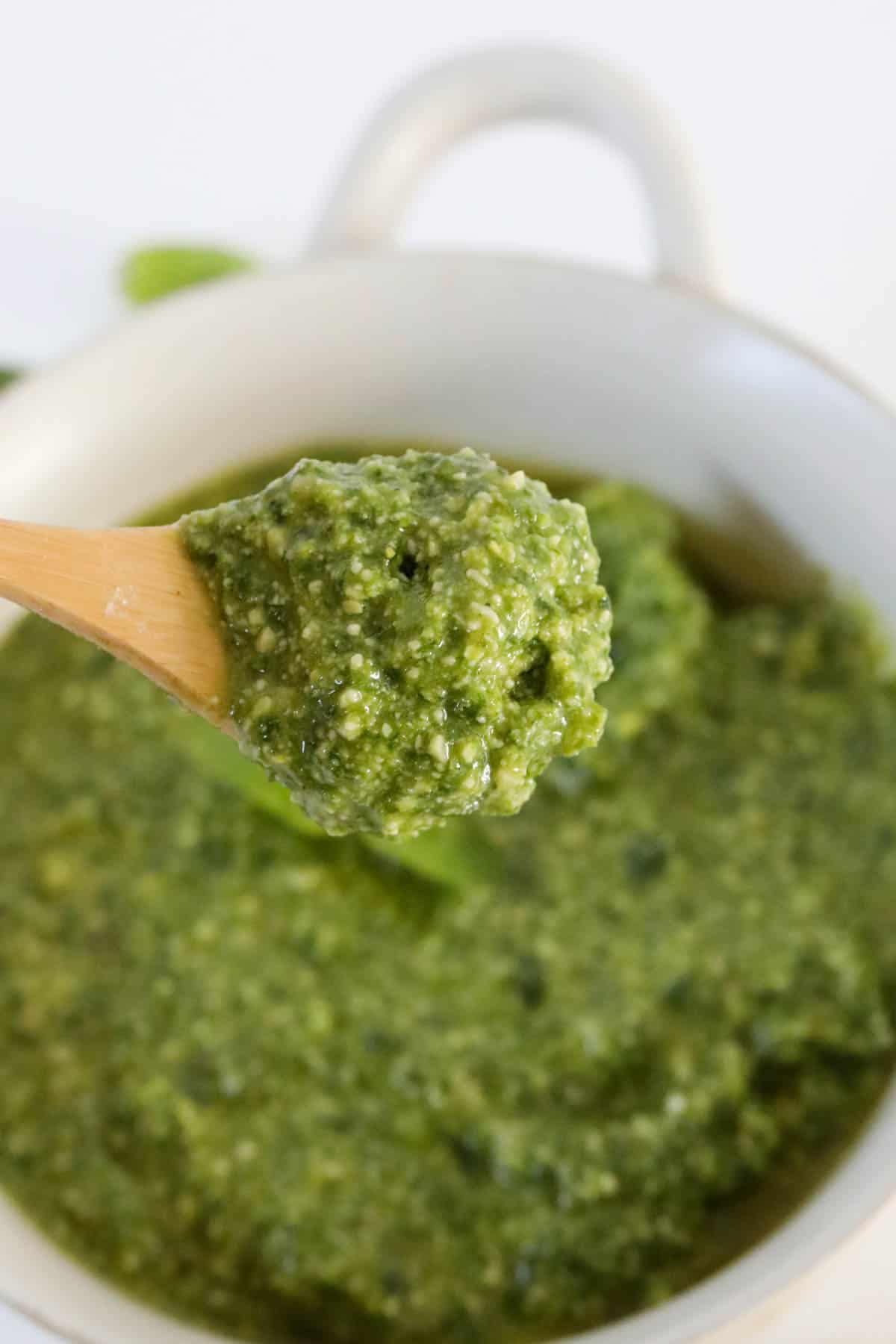 A spoonful of green pesto.
