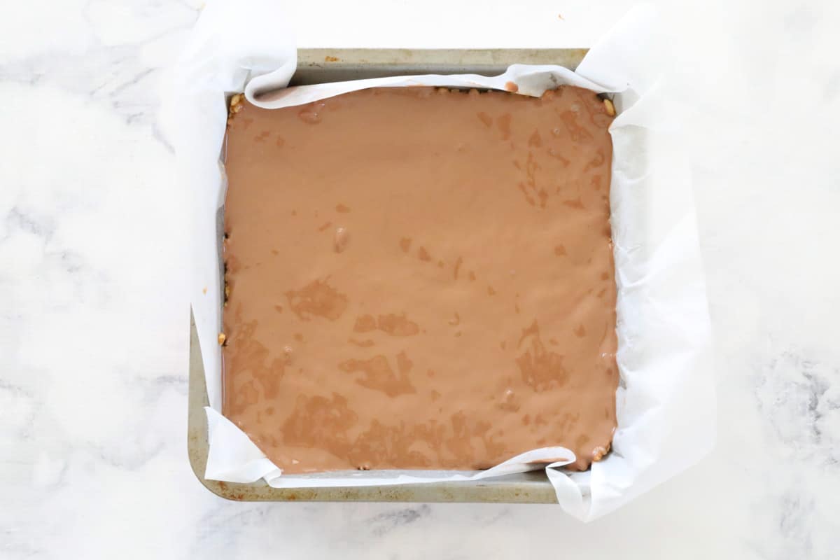 melted chocolate spread over slice in a tin lined with baking paper.