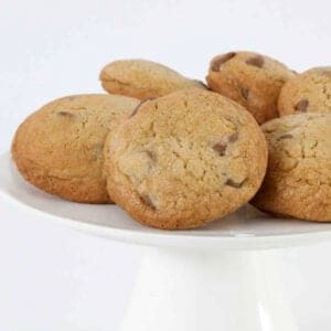 A plateful of chocolate chip cookies.
