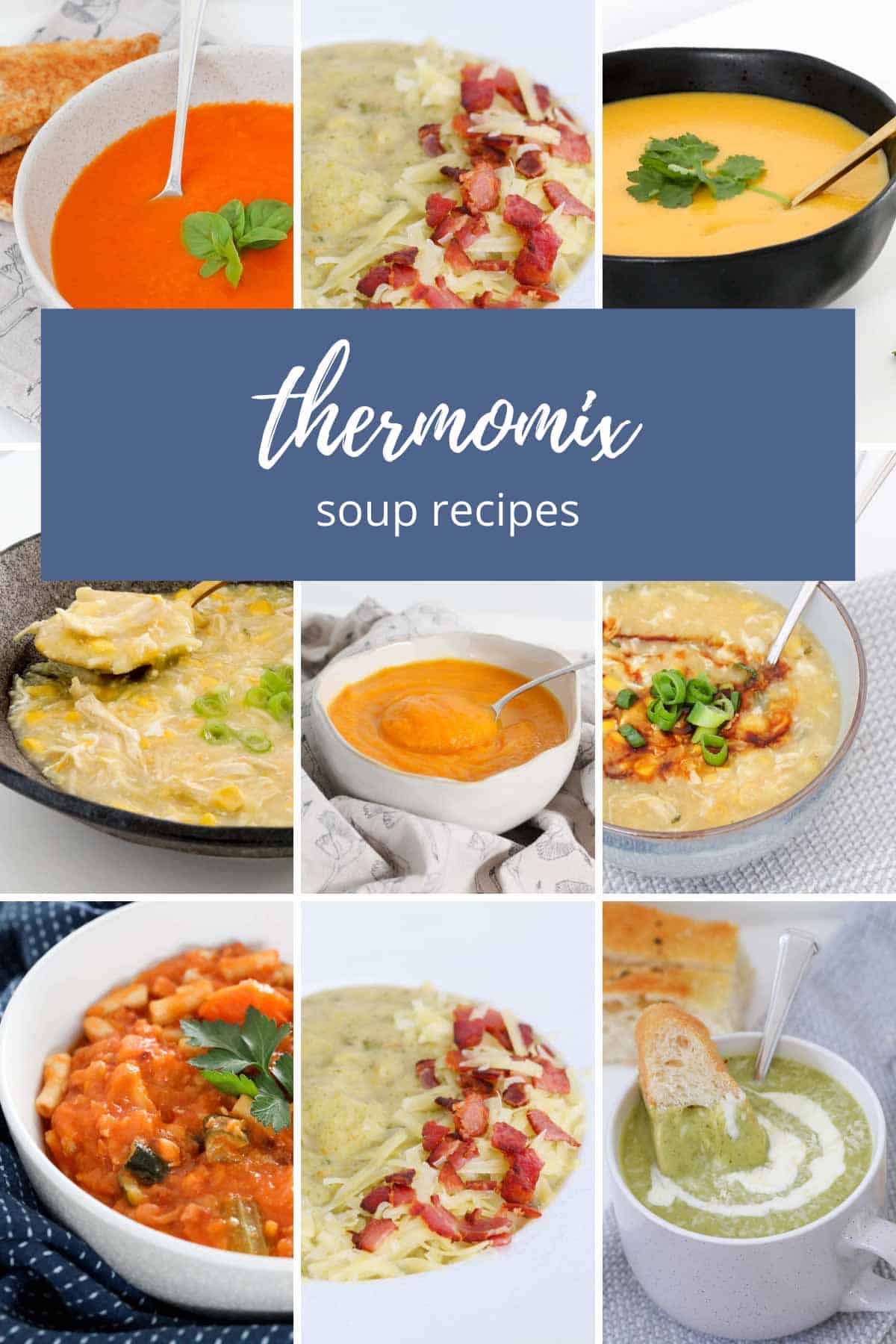 A collage of bowls of soup made in the Thermomix machine.