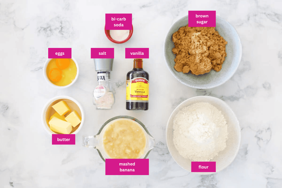 The ingredients for banana bread in small bowls.