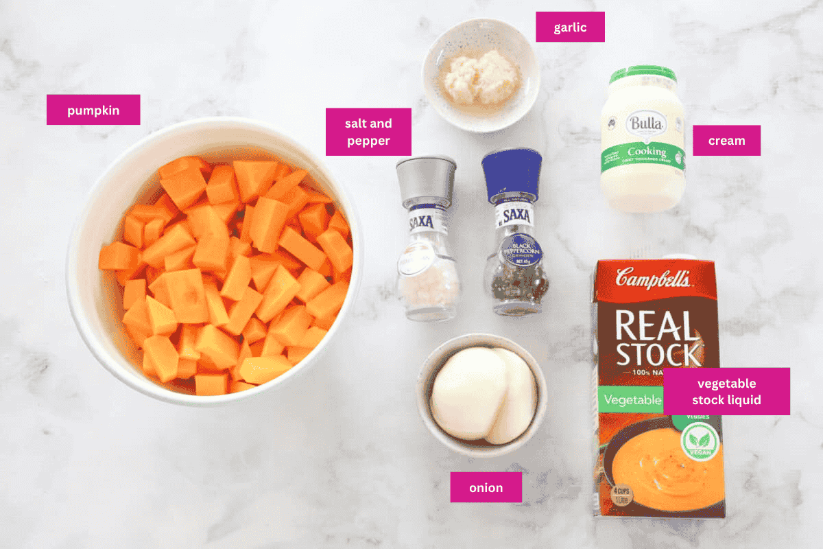 The ingredients for creamy pumpkin soup.