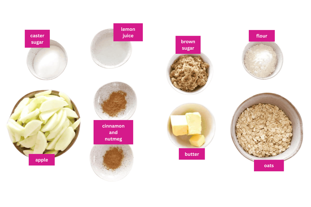 The ingredients for an easy apple crumble.